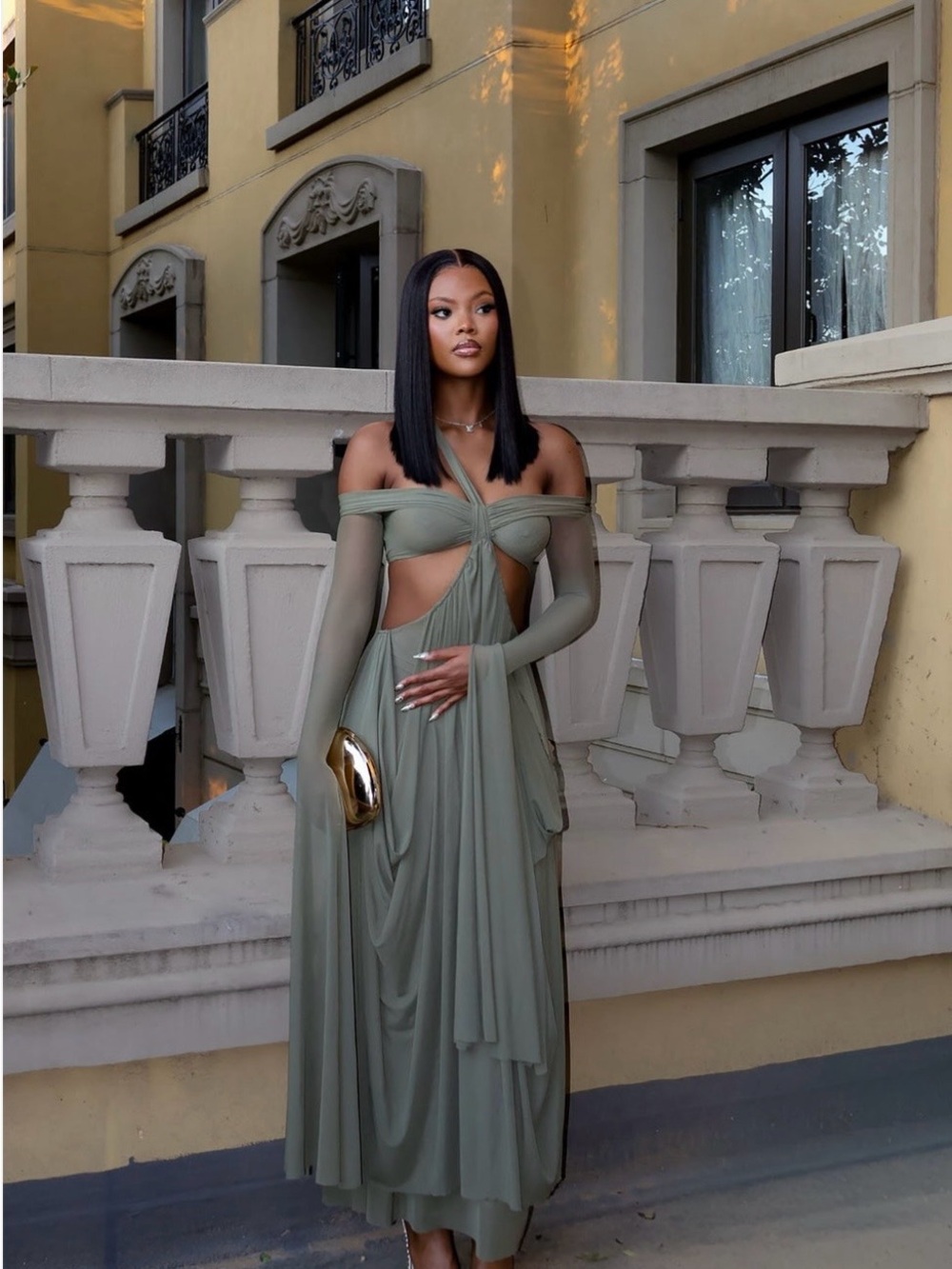 Off-Shoulder Olive Green Cutout Maxi Dress